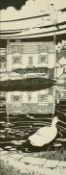 An indistinctly signed limited edition, wood engraving of 'The Elms Rottingdean' A duck on a pond