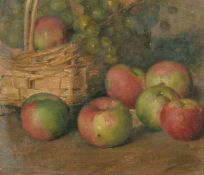 19th Century Continental School, A still life study of apples and grapes by a basket, oil on canvas,