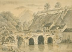 A group of 4 drawings, Houses by a bridge on the river, 'Glanmire Bridge near Cork', with