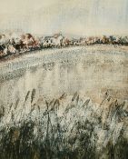 Mehdi (20th Century), A stylised village scene across a field, watercolour/mixed media, signed, 13.