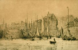 William Lionel Wyllie (1851-1931) English, A dockyard with figures tending their boats, etching,