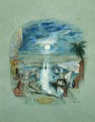 After Turner, Egyptian moonlit scene with boats on the water, watercolour, 5.5