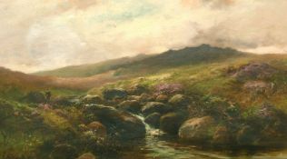 George Henry Jenkins (1843-1914) British, an angler by a moorland stream with a storm approaching,
