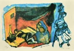 M F Hussain, a serigraph of a female figure in three positions, signed and numbered 238/300 in