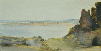 Attributed to Jessie Corrie, A coastal scene with ruins in the foreground, watercolour, signed and