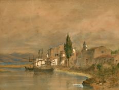 19th Century Continental School, Boats moored on a mountain lake with a figure by a building,