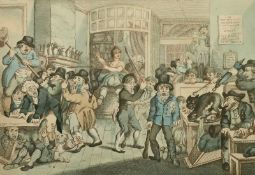 A hand coloured early 19th Century etching caricature, 'A mad dog in a coffee house', 11