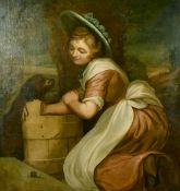 19th Century School, a female figure holding a pail alongside a dog with a landscape beyond, oil