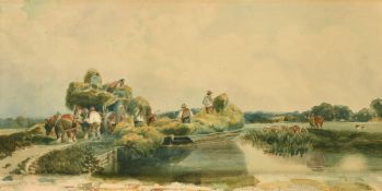 Circle of Peter de Wint (1784-1849) Harvesting scene, figures loading a hay barge, watercolour, 11.