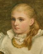 E. Atkins, Head and shoulders study of a young girl with beaded necklace, watercolour, signed, 8.75