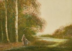 Fred Hines (act. 1875-1928), A lady and a child by a pond, watercolour, 10.5