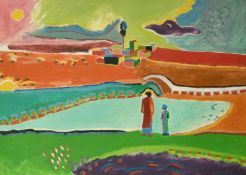 Luciano Schifano (b.1943) Italian, 'Figure in Campagna' figures in a colourful landscape, oil on