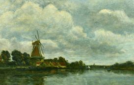 Modern British School, A river landscape with a windmill and boats on the water, oil on board, 13