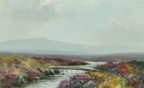 H.W. Hicks (1880-1944) British, A landscape with a stream running through heathery moorland and