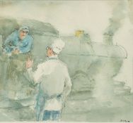 20th Century, A chef talking to a train driver, inscribed verso 'Remember - slow at the junction