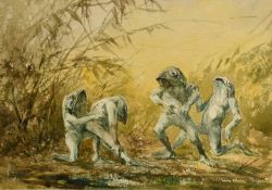 19th/20th Century, a scene of four frogs in combat, 6.75