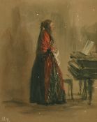 After Adolph Von Menzel, A lady by a piano, chromolithograph, 7