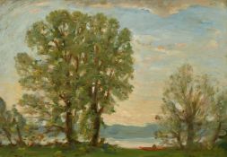John Brown (20th Century), trees and a rowing boat with a river beyond, oil on board, signed with