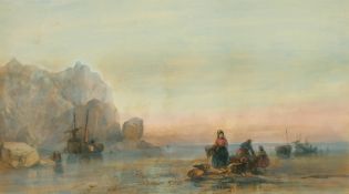 H. Bright (19th Century) British, 'Coast scene, evening', watercolour, trade label verso, 11.25