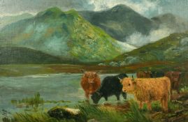 N. Phillips, circa 1911, cows watering by a mountain lake, oil on canvas laid down, 16