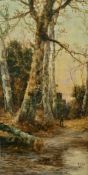J. Fox (19th/20th Century), A pair of woodland scenes with a figure, oils on canvas, signed, each