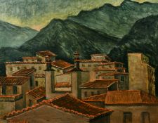 Enid Fearnside (1896-1985) British, a view of Continental rooftops with mountains beyond, oil on