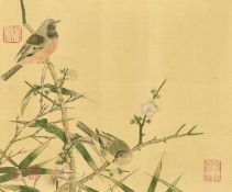 A Japanese scroll, A tree in blossom with birds, watercolour, marked with four seals, 11