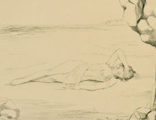 Margaret Ca..., Etching of a semi-nude lady sunbathing on a beach, signed in pencil, 9