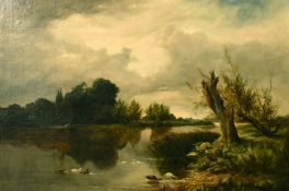 Attributed to Sydney Richard Percy (1821-1886) British, a river landscape with ducks in the
