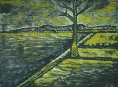 Jamini Roy (1887-1972) Indian, an early landscape of a tree near water, watercolour, signed with