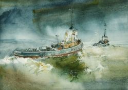 David Morris, Two Hull fishing boats under way, watercolour, signed, 13.25