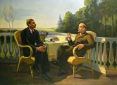 20TH Century Russian School, Lenin and Gorky seated in a terrace, oil on canvas, 58
