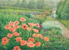 Mark Phillips, 20th Century, a female figure walking on a path by a wildflower meadow, oil on board,