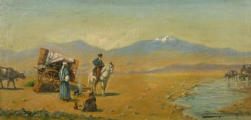 Manner of Zommer, travelling tradesmen resting by a river, oil on canvas, bears signature, 12