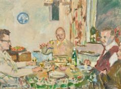 Faith Sheppard (1920-2008) British, 'Weinachts Prosit', figures in merriment at an abundant table,