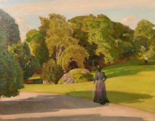 Harold Speed (1872-1957) British, an elegant female figure walking in a park, oil on canvas, 20