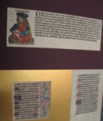 ILLUMINATED LEAF, red & black text with initials illuminated in red, blue and gold, in clip frame,