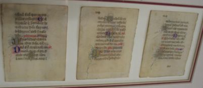 BOOK OF HOURS, 3 leaves, illuminated in blue, red & gold, on vellum, framed, each 3.5 x 2.75 inches,