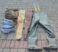 Pair of Elka size 10 fishing waders, 2 gun sleeves, game bag, 4 pigeon decoys, 2 dog leads & a