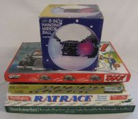 Various board games inc Rat race, Taxi and Stockmarket & a mirror ball