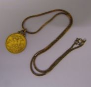 22ct gold mounted half sovereign dated 1911 on a gold plated box chain necklace