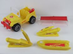 Baywatch Barbie; Jeep, Dingy, two wave runners, float, bed and lamp. Seven items.