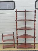 A contemporary mahogany five shelf corner whatnot, together with a three tier miniature whatnot,