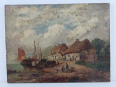 Oil on canvas signed J B Davis, fishing boats on shore, thatched cottages, trees and sky beyond, 40.