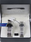 A 'His and Hers' stainless steel gents wristwatch and ladies wristwatch set, in presentation box.