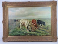 Oil on canvas; 20thC study of grazing cattle in moorland scene.