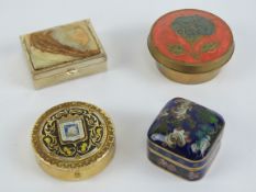 A floral cloisonné pill box, 3cm wide together with three other assorted contemporary lidded boxes.