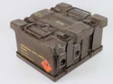 Four British 7.62 ammo boxes with carry case.
