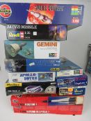 A quantity of Revell and Airfix Space Shuttle and Satellite scale model kits in boxes inc Apollo