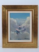 Oil on canvas, three RAF planes above the clouds, signed (T G?) Wiggens,